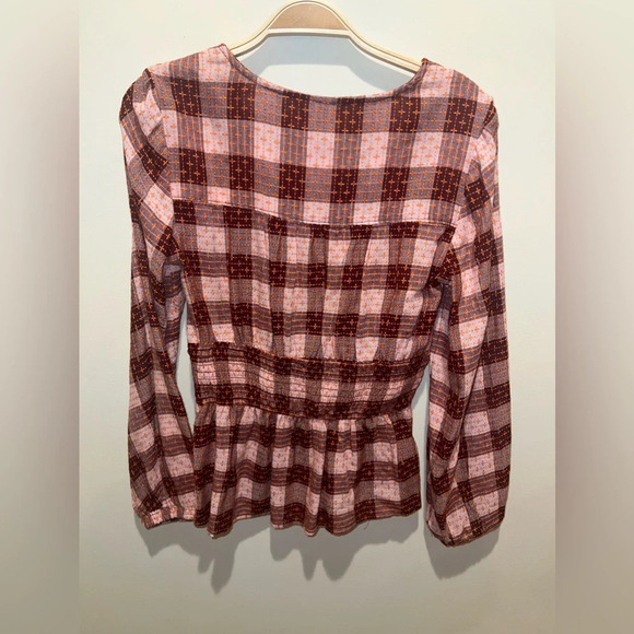 Anthropologie Pilcro Plaid Red Orange Boho Tie Ruched Waist XS Wool Blend Speing - Picture 2 of 9